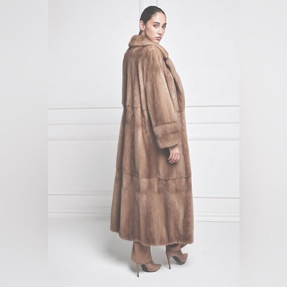Massini * Pastel Brown Full Length Belted Vertical Mink Mob Wife Coat - Picture 11 of 16